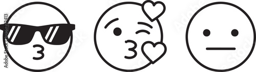 Three emoticon faces with numbers and accessories in simple line art on white background for digital communication