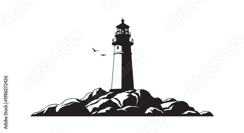 Lighthouse on rocks with flying birds, black and white vector illustration for nautical and marine designs.
