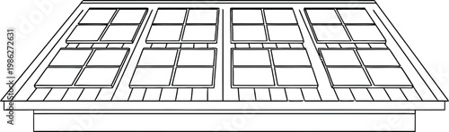 A black and white drawing of a roof with many windows on it