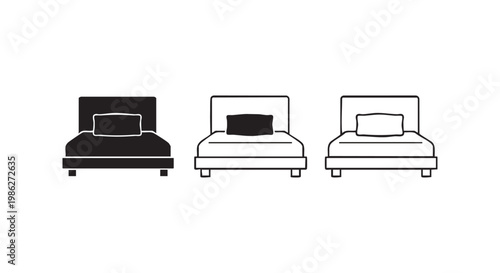 Modern bed icon set showing various styles with pillows and frames representing hotel accommodation and bedroom furniture.
