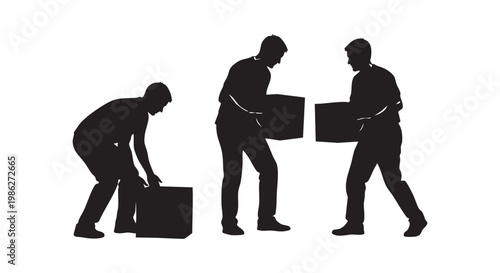 Men lifting boxes, various silhouettes of workers carrying and moving cargo on white background, vector illustration.