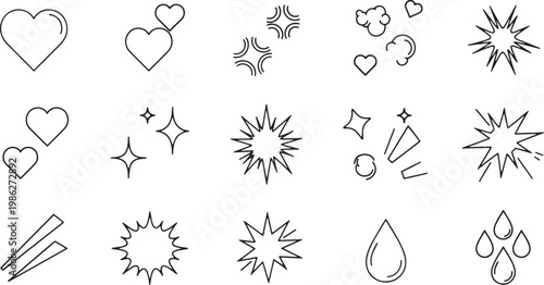 Black line art heart and starburst icons on white background for graphic design