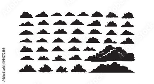 Natural sky cloud collection featuring diverse fluffy shapes and stormy cumulus formations for outdoor scene illustrations.