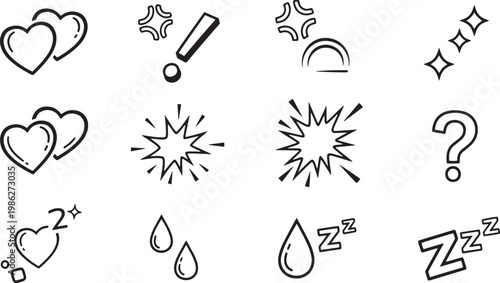 Black line icons set of hearts, stars, rainbows, and other emotive symbols in minimalist style with bold lines for digital design