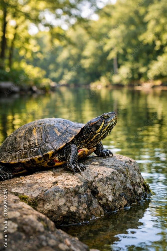 Naklejka premium Turtle Resting on Rock Near Calm Lake