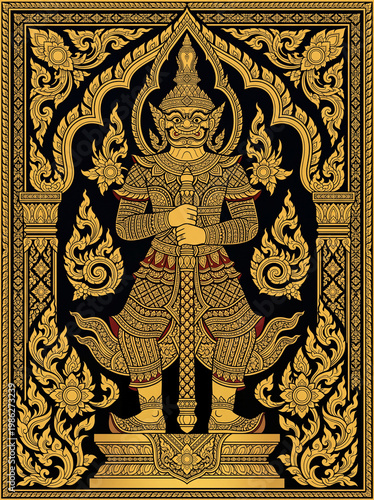Detailed flat art vector illustration of a traditional Thai giant (Yaksha / Thao Vessavana) holding a club, acting as a temple guardian