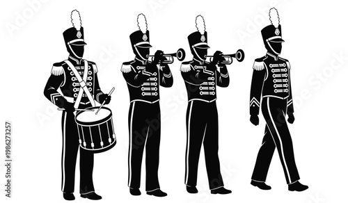 A striking black and white depiction of four marching band members in uniform playing instruments and in motion silhouette high quality professional detailed modern