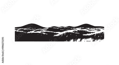 Panoramic landscape silhouette of rolling hills and grassy dunes under wide horizon line for nature background illustration.