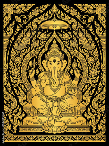 Detailed flat art vector illustration of Lord Ganesha, the Hindu god of success and wisdom, sitting on a pedestal. Designed in a luxury black and gold traditional Thai art style with intricate Kanok p