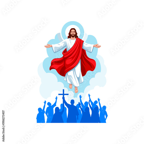 Female healthcare worker in blue scrubs and stethoscope holding red heart, surrounded by blue figures