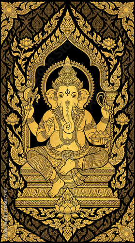 Detailed flat art vector illustration of Lord Ganesha, the Hindu god of success and wisdom, sitting on a pedestal. Designed in a luxury black and gold traditional Thai art style with intricate Kanok p