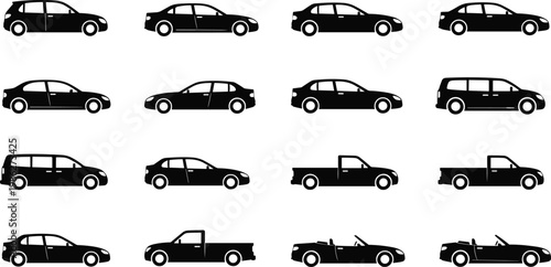 Car silhouettes set with various vehicle types isolated on white background for transportation, automotive industry and driving design concepts