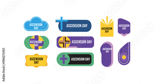 Colorful circular labeled ascension day with religious symbols and cross circle church