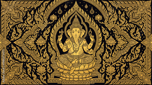 Detailed flat art vector illustration of Lord Ganesha, the Hindu god of success and wisdom, sitting on a pedestal. Designed in a luxury black and gold traditional Thai art style with intricate Kanok p