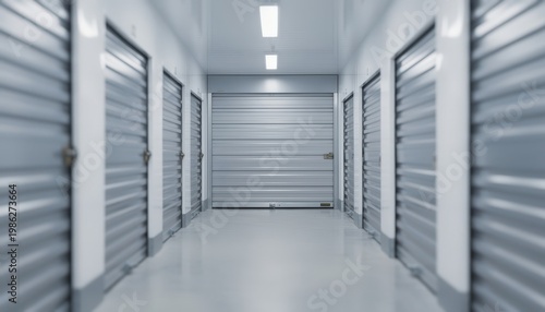 Medium shot of climatecontrolled selfstorage unit row with focused rollup door and blurred adjacent units highlighting secure modern design.