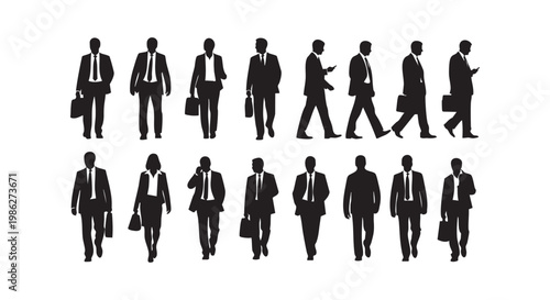 Professional business people silhouettes set featuring men and women in formal suits carrying briefcases and cellphones.