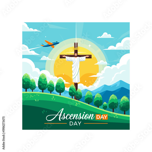Ascension day religious holiday with golden sun, hot air balloon, and green landscape