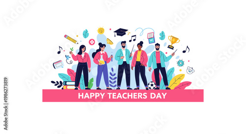 Happy teachers day greeting with diverse group of smiling educators and students holding colorful gifts