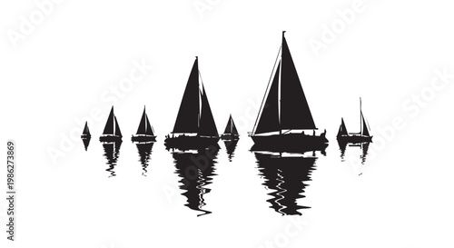 Sailboats with reflections on water silhouette vector illustration maritime transport concept graphic art.