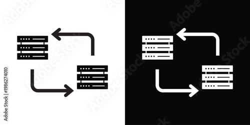 Network server icon with transfer arrows, illustrating database synchronization, hosting backups, cloud computing storage, and information flow between data centers.