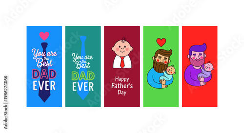 Father's day greeting cards with colorful backgrounds and cartoon characters