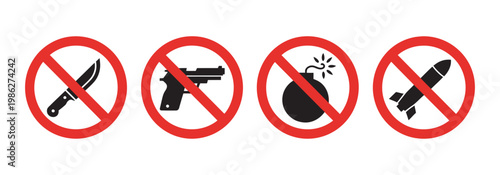 No weapons prohibited sign set, no knife gun bomb missile symbols, forbidden warning restriction icons vector illustration safety concept collection