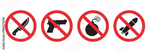 No weapons prohibited sign set, no knife gun bomb missile symbols, forbidden warning restriction icons vector illustration safety concept collection
