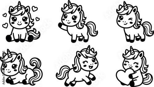 Black and white line art cute unicorn characters with hearts and winking expressions