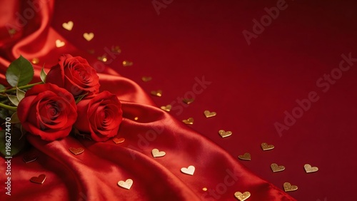 Red roses on satin with gold hearts