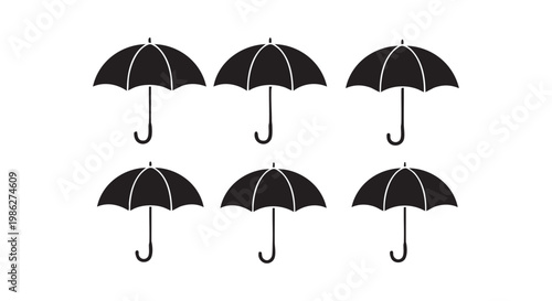 Set of six black umbrella silhouettes arranged in two rows, casting a subtle shadow on a clean white background.