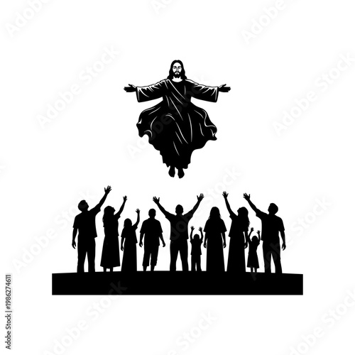 Black silhouette of a conductor leading a group of silhouetted musicians in a performance orchestra baton