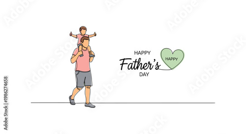 Happy father's day card with a cheerful cartoon dad holding a heart balloon