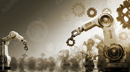 Industrial-themed background with robotic and automation visuals.