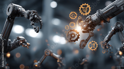 Industrial-themed background with robotic and automation visuals.