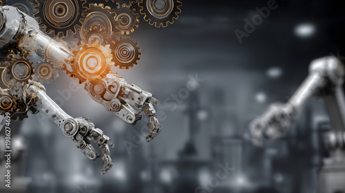 Industrial-themed background with robotic and automation visuals.