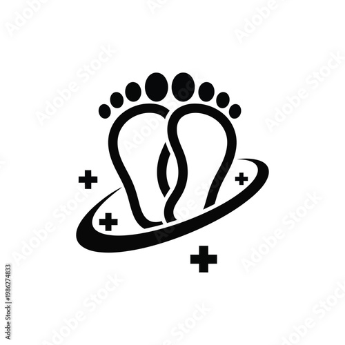 A minimalist illustration of two feet standing on a swoosh surrounded by plus signs.