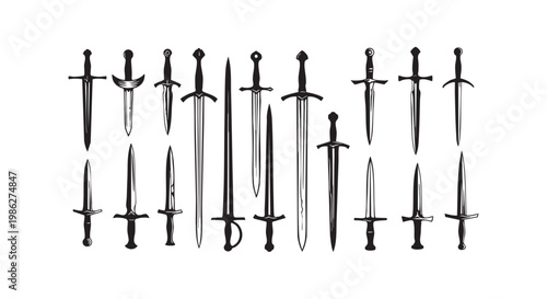 Set of various medieval sword collection vector illustration silhouette art background sign symbol weapon design.
