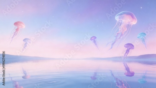 Jellyfish floating in serene sky and water
