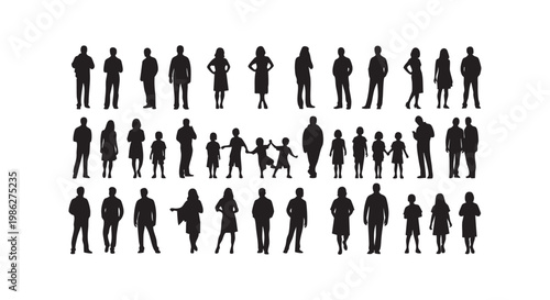 Silhouette collection showing diverse group standing in various poses with men women and children on plain white background.