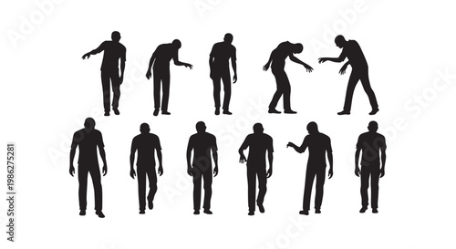 Silhouette collection of men walking and standing in various casual poses isolated on white background for design layout.