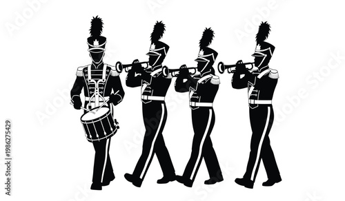 A striking depiction of a marching band featuring four musicians in uniform playing brass instruments and percussion presented as a silhouette high quality professional