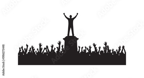 Silhouette of triumphant man on pedestal, arms raised, celebrating, crowd cheering below, victory, success, leadership, support, achievement.