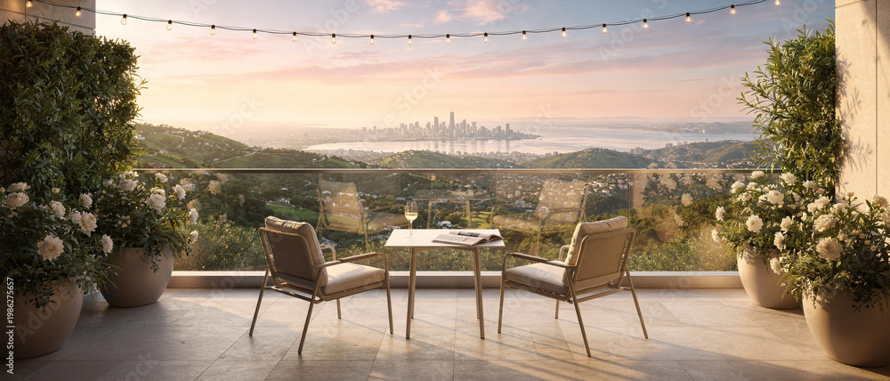 Obraz premium Spacious outdoor terrace with plants and seating area during the golden hour.