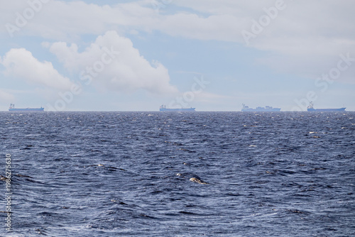 Ships in the ocean. In the distance, ships sailing in a row across the sea are visible. Sea route concept, view of the strait