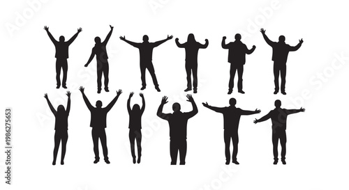 Silhouettes of people with arms raised in celebration and joy, diverse group vector illustration.