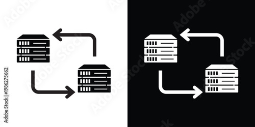 Network server icon with transfer arrows, illustrating database synchronization, hosting backups, cloud computing storage, and information flow between data centers.