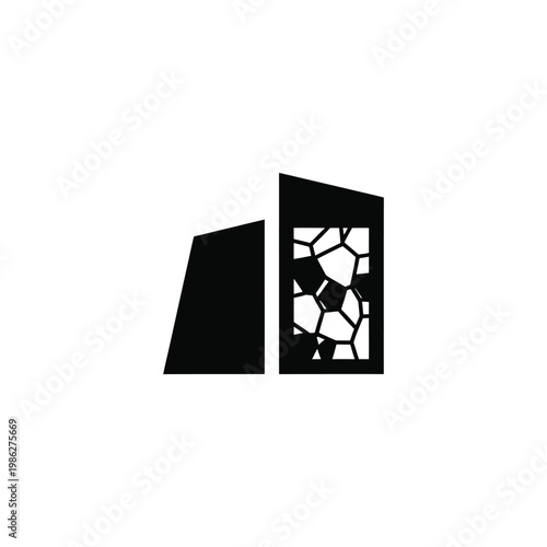 Two black geometric shapes with cracked pattern illustration