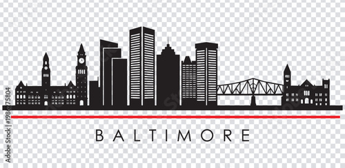 Baltimore city skyline with buildings and bridge in black silhouette