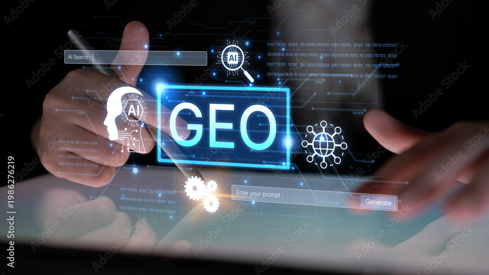 Obraz premium Digital marketing concept featuring GEO strategy. Generative AI search visual shows GEO interface integrating intelligence, logic, and AI input system for prompt tasks. Corpus