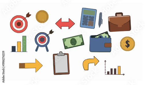 Cute trendy business money doodle icons with finance target calculator wallet and investment elements modern vector set